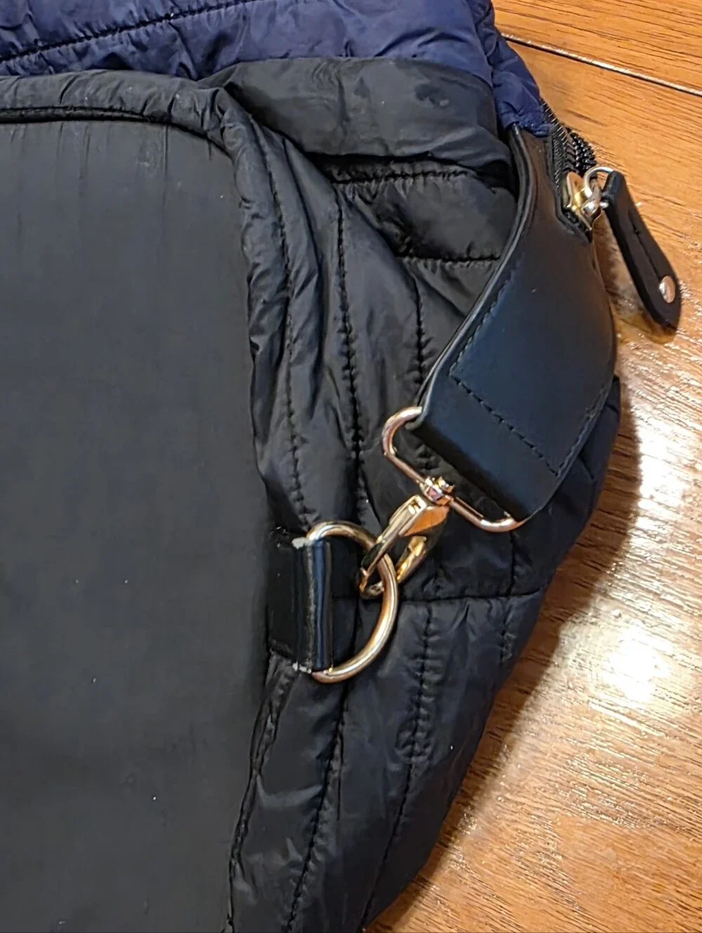 Sondra Roberts Squared Quilted Tote Bag, Navy and Black With Goldtone Hardware.